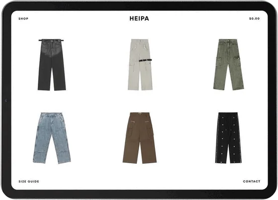 Heipa streetwear store, desktop layout on a tablet
