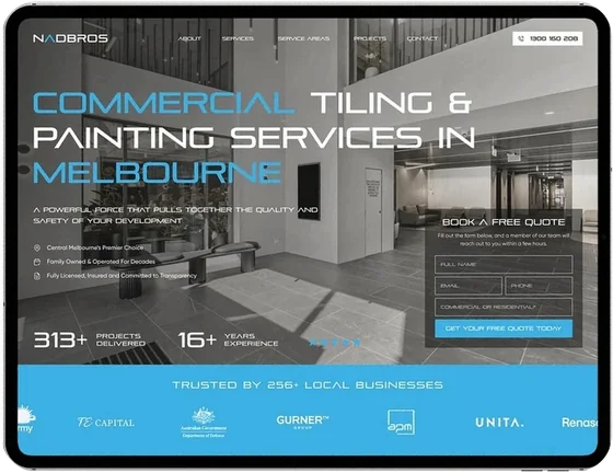 Nadbros Group commercial tiling and painting site, desktop layout on a tablet