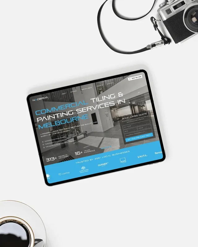Nadbros Group website on a tablet: commercial tiling and painting services in Melbourne