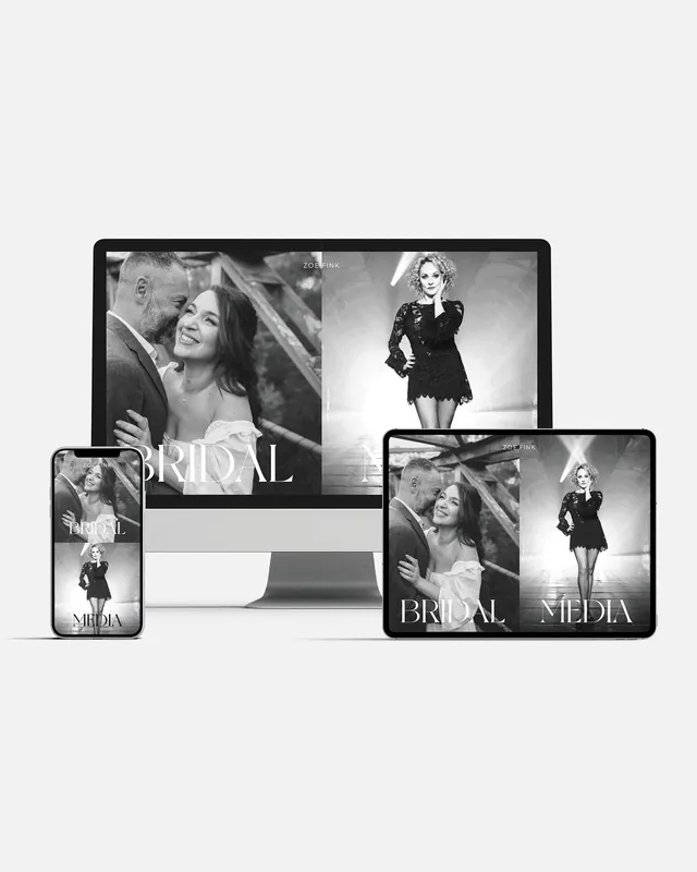 Zoe Fink black-and-white bridal and media website on desktop, tablet and phone